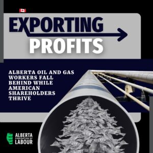 Cover of report, "Exporting Profits: Alberta oil and gas workers fall behind while American shareholders thrive"