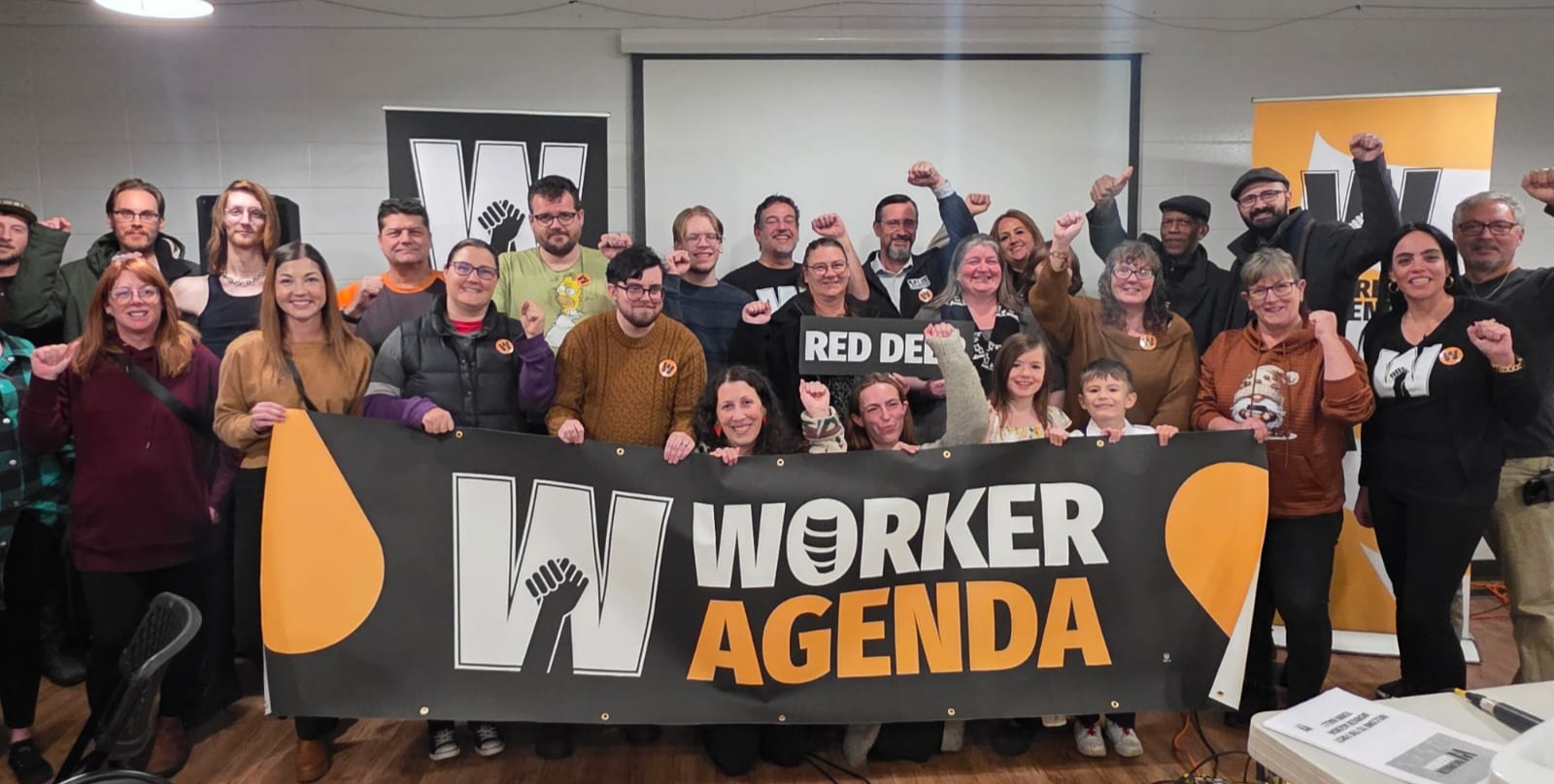 Group shot of participants in the Worker Agenda town hall, Red Deer, November 17
