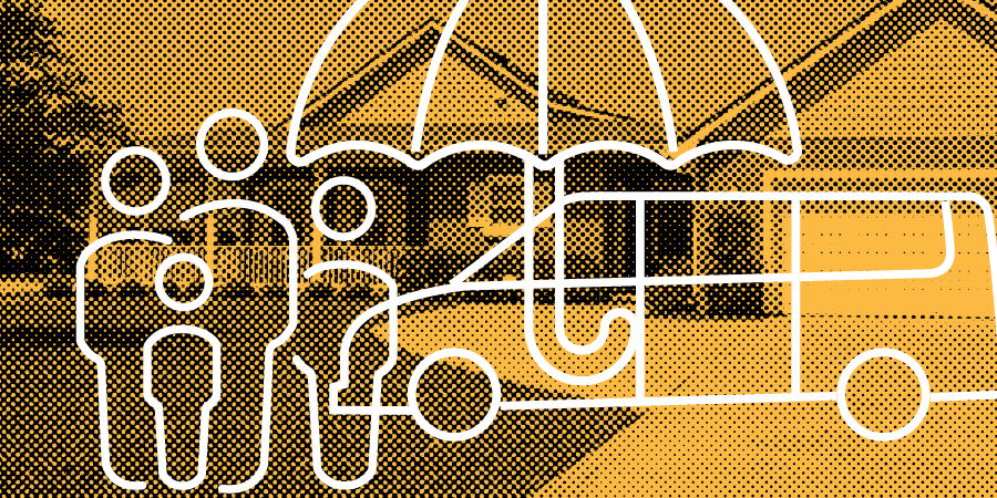 Illustration of a home with line art of a family and an umbrella representing affordable living.