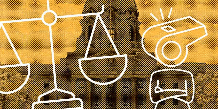 An image of the Alberta Legislature with line art of the scales of justice overlaid representing Democracy.