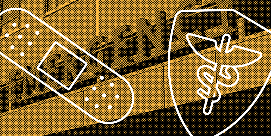 An image of a hospital with line art of a bandaid overlaid to represent Health and Safety.