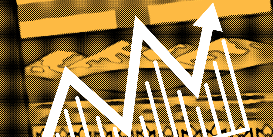 An image of the Alberta flag with line art showing a stock ticker overlaid to represent jobs and the economy.