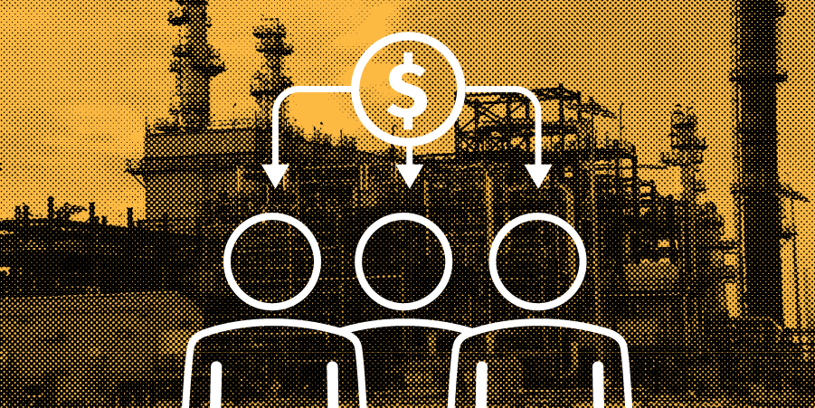 Illustration of money pointing towards a group of three people.