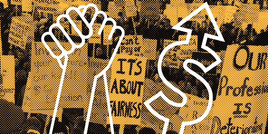 A stylized image of two hands clasping is overlayed over an image of a crowd of people protesting with various sings, such as "It's about fairness"